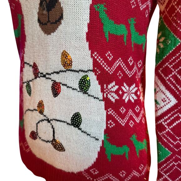 Fa La La Llama Ugly Christmas Sweater, Sequin Lights Red Green, Size Small - Picture 4 of 6